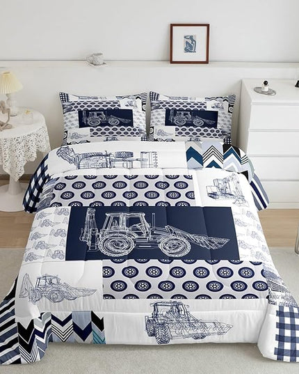 Kids Construction Comforter Set Full Size Equipment Trucks Bedding Set for Boys Cartoon Car Excavator Tractor Comforter Construction Vehicles Plaid Grid Blue and White Duvet Set - LeafyLoom