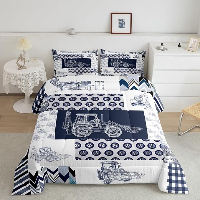 Kids Construction Comforter Set Full Size Equipment Trucks Bedding Set for Boys Cartoon Car Excavator Tractor Comforter Construction Vehicles Plaid Grid Blue and White Duvet Set - LeafyLoom