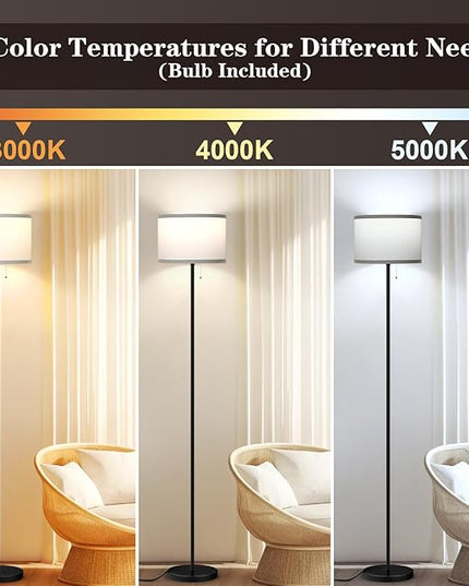 Floor Lamp for Living Room, 3 Color Temperature LED Floor Lamp, Modern Simple Standing Lamp for Bedroom, Pull Chain Tall Lamp with White Lampshade, Minimalist Pole Lamp Stand Up Lamp for Home Office - LeafyLoom