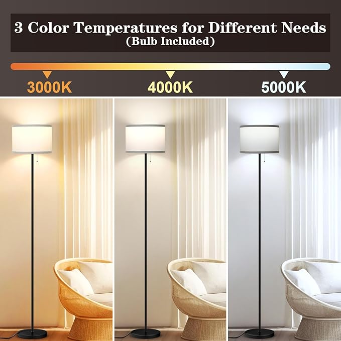 Floor Lamp for Living Room, 3 Color Temperature LED Floor Lamp, Modern Simple Standing Lamp for Bedroom, Pull Chain Tall Lamp with White Lampshade, Minimalist Pole Lamp Stand Up Lamp for Home Office - LeafyLoom