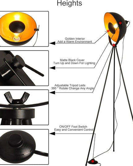 Modern Industrial Tripod LED Satellite Floor Table Lamp - Vintage Adjustable Reading Standing Desk Light Deco - Movie Media Nautical Elegant Design Lighting for Living Room Bedroom(Black,E26 Base) - LeafyLoom