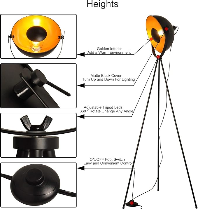 Modern Industrial Tripod LED Satellite Floor Table Lamp - Vintage Adjustable Reading Standing Desk Light Deco - Movie Media Nautical Elegant Design Lighting for Living Room Bedroom(Black,E26 Base) - LeafyLoom