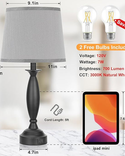 Grey Lamps for Bedrooms Set of 2 - Touch Control Bedside Lamp with USB C+A, 3 Way Dimmable Nightstand Lamps with USB Port, Table Lamp for Living Room(Grey Shade and Black Base) - LeafyLoom