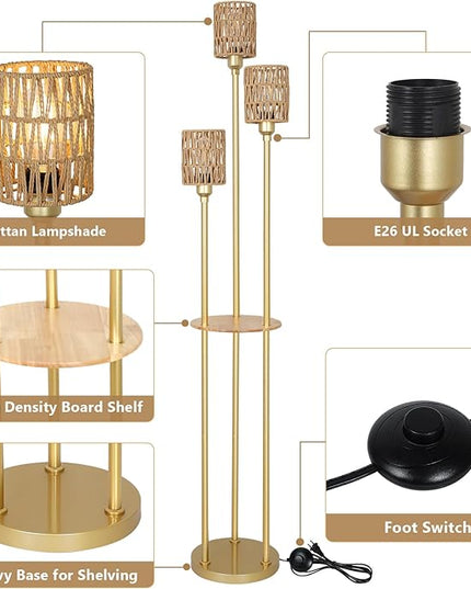 Boho Floor Lamp with Shelves, 3-Lights Farmhouse Tall Floor Lamp with ON/OFF Foot Switch, Gold Modern Floor Lamps with Rattan Shades, Rustic Standing Lamp for Living Room, Bedroom, Office - LeafyLoom