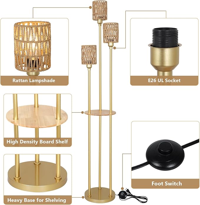 Boho Floor Lamp with Shelves, 3-Lights Farmhouse Tall Floor Lamp with ON/OFF Foot Switch, Gold Modern Floor Lamps with Rattan Shades, Rustic Standing Lamp for Living Room, Bedroom, Office - LeafyLoom