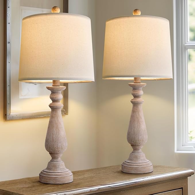 PORTRES 24.5" Mid Century Table Lamp Set of 2 for Living Room Farmhouse Linen Bedside Lamps for Bedroom Kids Room Dorm Office Rustic Lamps for End Table Nigntstand Resin - LeafyLoom