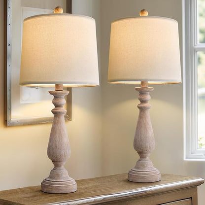 PORTRES 24.5" Mid Century Table Lamp Set of 2 for Living Room Farmhouse Linen Bedside Lamps for Bedroom Kids Room Dorm Office Rustic Lamps for End Table Nigntstand Resin - LeafyLoom