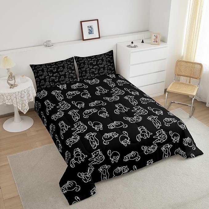 Feelyou Cartoon Cat Bed Sheet Set Cute Pet Cats Kids Comforter Set Animal Pattern Printed Bedding Set Set for Boys Room Decor Kitten Print Bed Cover Queen Size with 3 Pillow Case - LeafyLoom