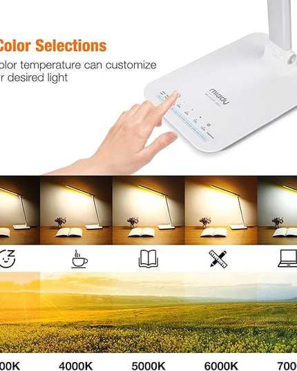 Miady LED Desk Lamp Eye-Caring Table Lamp, 3 Color Modes with 4 Levels of Brightness, Dimmable Office Lamp with Adapter, Touch Control Sensitive(White Aluminum) - LeafyLoom