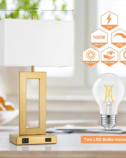 22’’ Table Lamps for Bedrooms Set of 2, Gold Bedside USB Desk Lamp with AC Outlet, Touch Control Modern Vintage Living Room Table Lamp for Nightstand End Table, 3-Way Dimming with 2 E26 Edison Bulbs - LeafyLoom