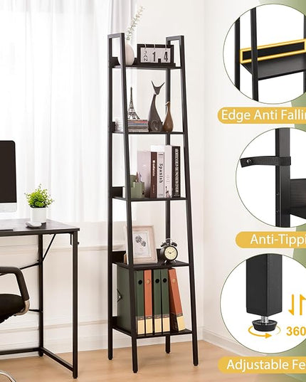 Yoobure Ladder Shelf, 5 Tier Tall Ladder Bookshelf Corner Shelf, Industrial Book Shelf Ladder Bookcase Narrow, Standing Storage Shelves Display Shelf for Bedroom Living Room Office Kitchen Bathroom - LeafyLoom
