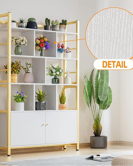Gold and White Bookshelf with Doors, 4 Tier 39.4in Wide Heavy Duty Bookshelves with Cabinet Storage, Large Book Shelf 64.2" H x 39.4" W x 11.8" D Office Shelving, Wood & Metal Bookcase Living Room - LeafyLoom