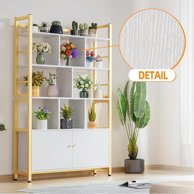 Gold and White Bookshelf with Doors, 4 Tier 39.4in Wide Heavy Duty Bookshelves with Cabinet Storage, Large Book Shelf 64.2" H x 39.4" W x 11.8" D Office Shelving, Wood & Metal Bookcase Living Room - LeafyLoom