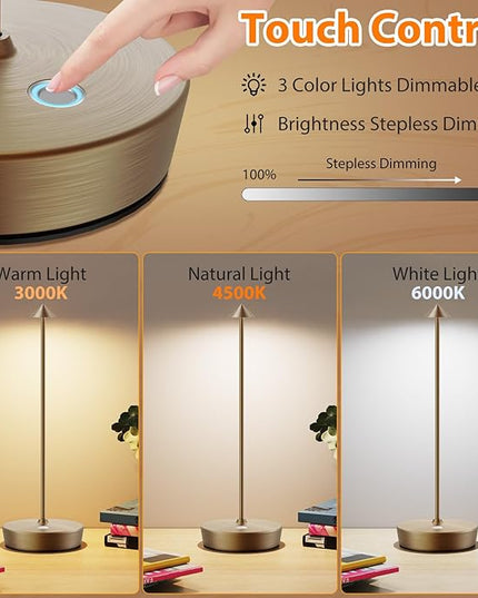 Cordless Rechargeable Table Lamp-Protable 6000mAh Battery Operated-Outdoor Waterproof Table Light-LED Touch Dimmable Desk Lamps-Patio Dining Restaurant Home Living Room Bronze - LeafyLoom