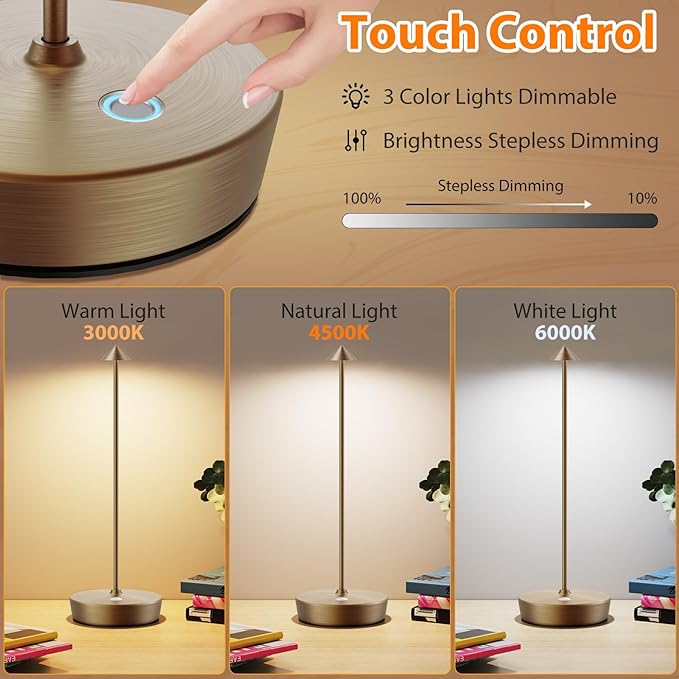 Cordless Rechargeable Table Lamp-Protable 6000mAh Battery Operated-Outdoor Waterproof Table Light-LED Touch Dimmable Desk Lamps-Patio Dining Restaurant Home Living Room Bronze - LeafyLoom