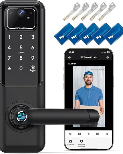 WiFi Video Smart Door Lock: Fingerprint Door Lock with Camera- Keyless Entry Door Lock with Handle - Electronic Digital Door Lock with Keypad - WiFi Smart Lock for Front Door, Black, H3 Pro Nyboer