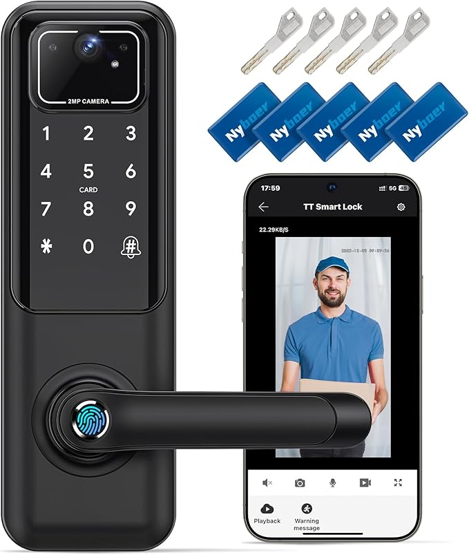 WiFi Video Smart Door Lock: Fingerprint Door Lock with Camera- Keyless Entry Door Lock with Handle - Electronic Digital Door Lock with Keypad - WiFi Smart Lock for Front Door, Black, H3 Pro Nyboer