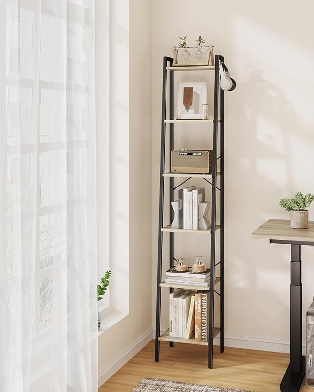 Ladder Shelf, Bookshelf Bookcase, Freestanding Corner Storage Shelve with 2 Hooks for Home Office, Living Room, Kitchen, Bedroom, Industrial, 6-Tier Greige BC13305B - LeafyLoom