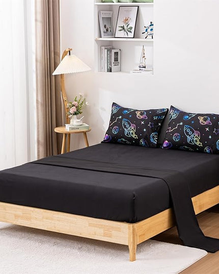 Aimuan Space Comforter Twin Set Kids Rocket Bedding Set Super Soft & Cute Aliens UFO Printed for Boys Girls Teen (Black, Twin 5Pcs) - LeafyLoom