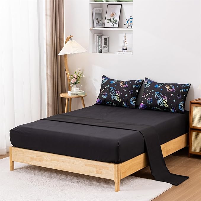 Aimuan Space Comforter Twin Set Kids Rocket Bedding Set Super Soft & Cute Aliens UFO Printed for Boys Girls Teen (Black, Twin 5Pcs) - LeafyLoom