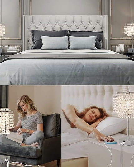 Luvkczc Crystal Table Lamp with Touch Control Set of 2, USB Bedside Crystal Table Lamp with USB C+A Ports, 3-Way Dimmable Lamp with Crystal Shade for Bedroom, Living Room, 6W LED Bulb Included - LeafyLoom