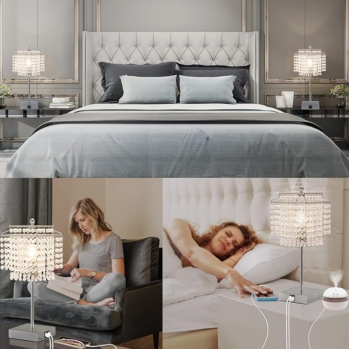 Luvkczc Crystal Table Lamp with Touch Control Set of 2, USB Bedside Crystal Table Lamp with USB C+A Ports, 3-Way Dimmable Lamp with Crystal Shade for Bedroom, Living Room, 6W LED Bulb Included - LeafyLoom