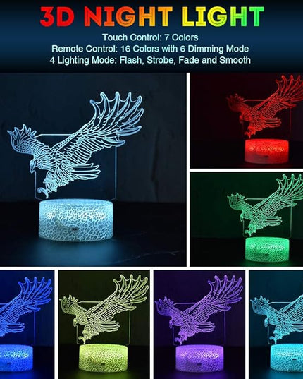LETOUR Night Light for Kids Eagle 3D Night Light Porpoise Illusion Lamp with Remote Control 16 Color Changing Xmas Halloween Birthday Gift for Child Baby Boy (Remote - Ice Crack Base) - LeafyLoom
