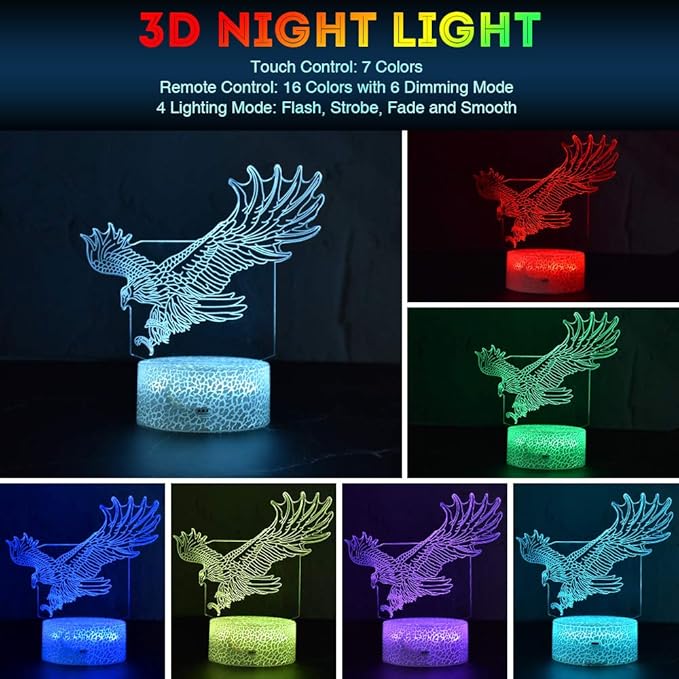LETOUR Night Light for Kids Eagle 3D Night Light Porpoise Illusion Lamp with Remote Control 16 Color Changing Xmas Halloween Birthday Gift for Child Baby Boy (Remote - Ice Crack Base) - LeafyLoom