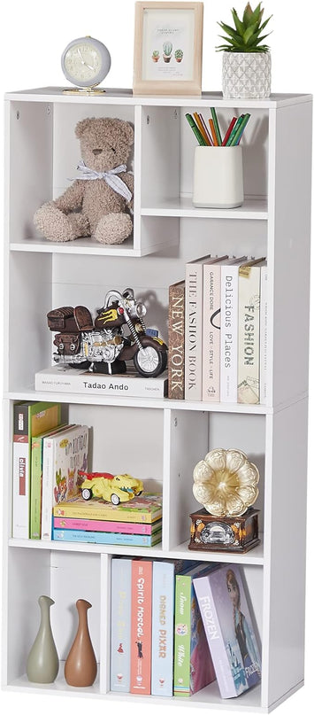 VECELO 42 Inch High Bookcase, 4-Tier Modern Storage Cabinet with Height Difference Shelves for Standard Textbooks, Floor Standing, 7 Cubes, Horizontal Available, Easy Assembly, Pearl White - LeafyLoom