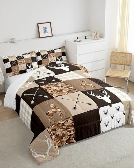 Kids Deer Antler Animal Comforter Set King Size,Brown Camo Xmas Bedding Set,Girls Boys Adults Bedroom/Cabin Decor,Plaid Patchwork Vintage Down Comforter,Boho Arrows Duvet Insert,3pcs,2 Pillowcases - LeafyLoom