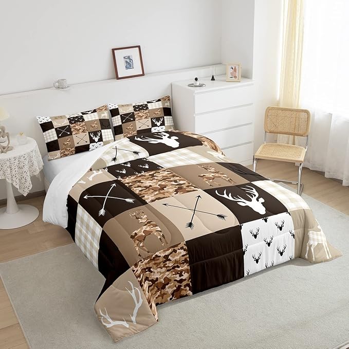 Kids Deer Antler Animal Comforter Set King Size,Brown Camo Xmas Bedding Set,Girls Boys Adults Bedroom/Cabin Decor,Plaid Patchwork Vintage Down Comforter,Boho Arrows Duvet Insert,3pcs,2 Pillowcases - LeafyLoom