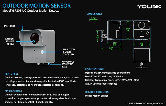 YoLink LoRa Smart Outdoor Motion Sensor, Driveway Alert, Property Invasion/Tresspassing Detector, 1/4 Mile Open Air Range, Email/SMS/Push Alerts, Alexa, IFTTT, Home Assistant (Hub Included!) YoLink