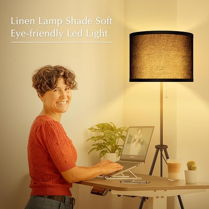 BoostArea Floor Lamp for Living Room,59.5" Tripod Floor Lamp, Black Linen Lamp Shade, Mid Century Standing Lamp for Living Room, Bedroom, Study Room and Office（Bulbs Not Included） - LeafyLoom