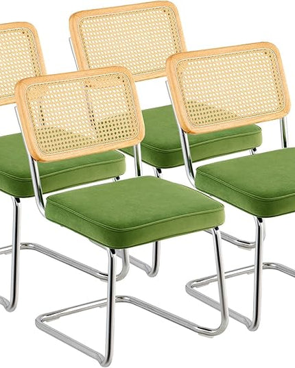 VEVOR Rattan Dining Chairs Set of 4, Mid Century Modern Dining Chair, Upholstered Velvet Accent Chair with Rattan Back, Retro Dining Room Kitchen Chair for Living Room, Bedroom, Office (18.1 Inch) - LeafyLoom