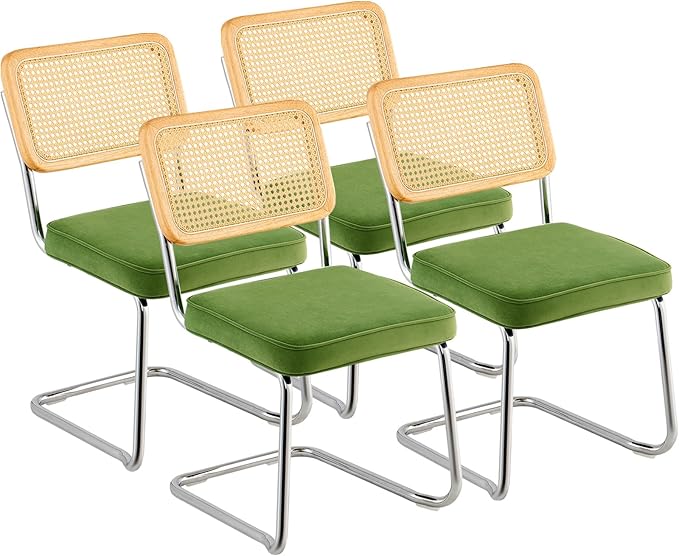 VEVOR Rattan Dining Chairs Set of 4, Mid Century Modern Dining Chair, Upholstered Velvet Accent Chair with Rattan Back, Retro Dining Room Kitchen Chair for Living Room, Bedroom, Office (18.1 Inch) - LeafyLoom