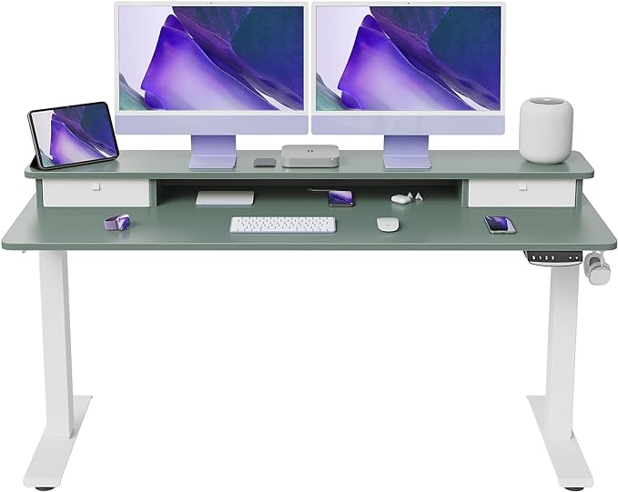 FEZIBO 60 x 24 Inch Height Adjustable Electric Standing Desk with Double Drawer, Stand Up Desk with Storage Shelf, Sit Stand Desk, Green - LeafyLoom