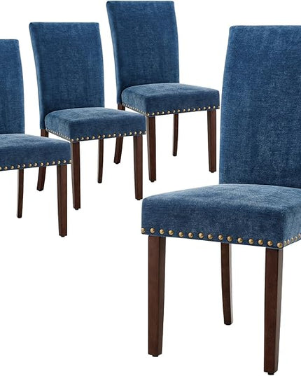 COLAMY Upholstered Parsons Dining Chairs Set of 4, Fabric Dining Room Kitchen Side Chair with Nailhead Trim and Wood Legs - Dark Blue - LeafyLoom