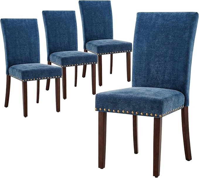 COLAMY Upholstered Parsons Dining Chairs Set of 4, Fabric Dining Room Kitchen Side Chair with Nailhead Trim and Wood Legs - Dark Blue - LeafyLoom