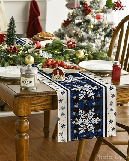 Artoid Mode Buffalo Plaid Snowflakes Blue Christmas Table Runner, Seasonal Winter Kitchen Dining Table Decoration for Home Party Decor 13x48 Inch ArtoidMode