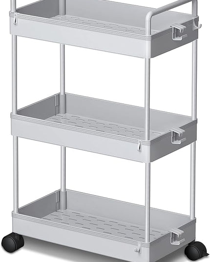 Ronlap 3 Tier Classic Storage Rolling Cart, Slim Storage Cart with Wheels Slide Out Storage Rolling Cart Organizer Plastic Utility Carts for Bathroom Laundry Room Kitchen Office Narrow Place, Grey - LeafyLoom