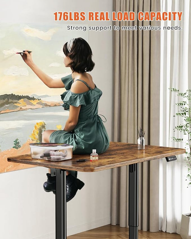 Electric Standing Desk Adjustable Height Stand Up Desk, 48" x 24" Sit Stand Desk, Low Noise Home Office Desk, Computer Desk with Whole-Piece Board, Child Lock & Memory Function, Rustic Brown - LeafyLoom