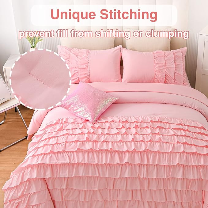 A Nice Night Waterfall Flutter Ruffle Comforter Set,Ruffled Textured Soft Chic Princess 6pcs Bedding Set,with Bling Shiny Sequin Throw Pillow Case,Pink,Full - LeafyLoom