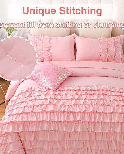 A Nice Night Waterfall Flutter Ruffle Comforter Set,Ruffled Textured Soft Chic Princess 6pcs Bedding Set,with Bling Shiny Sequin Throw Pillow Case,Pink,Queen - LeafyLoom
