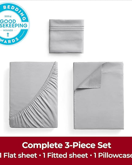 Mellanni Extra Deep Twin Sheets - 3 PC Iconic Collection Bedding Sheets & Pillowcases - Hotel Luxury, Ultra Soft, Cooling Bed Sheets - Extra Deep Pocket up to 21 inch (Twin, Light Gray) - LeafyLoom