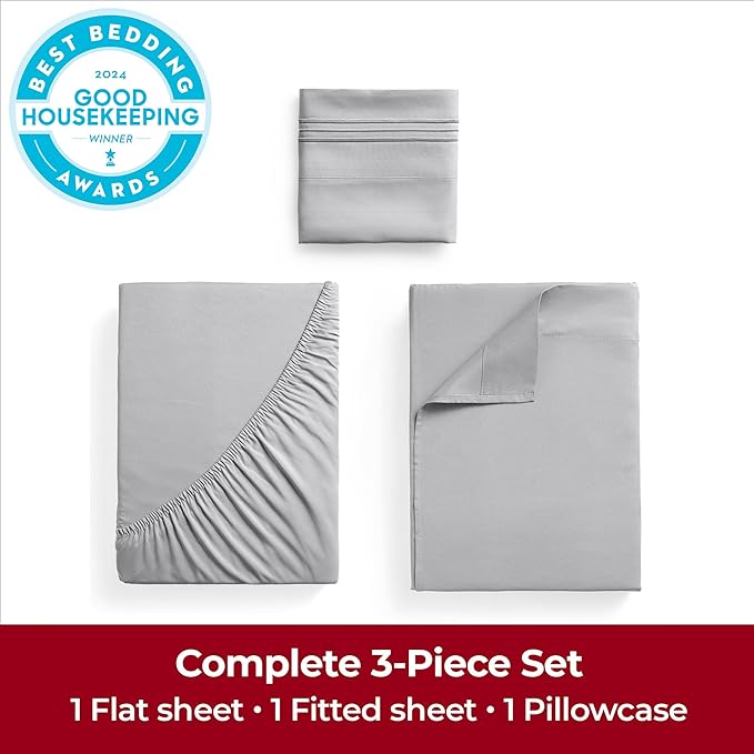 Mellanni Extra Deep Twin XL Sheets - 3 PC Iconic Collection Bedding Sheets & Pillowcases - Hotel Luxury, Ultra Soft, Cooling Bed Sheets - Extra Deep Pocket up to 21 inch (Twin Extra Long, Light Gray) - LeafyLoom