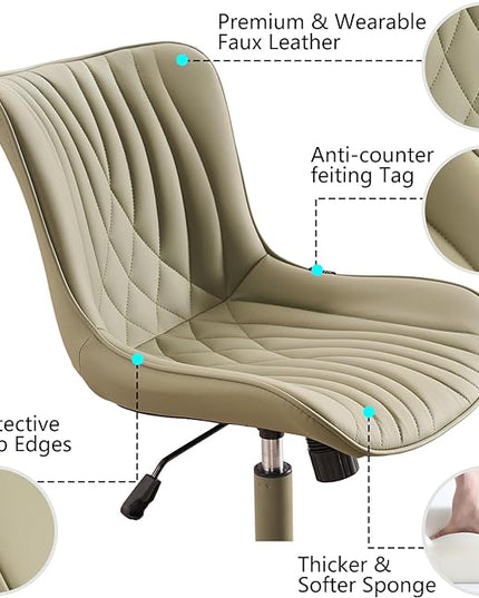 YOUTASTE Deep Green Office Chair Modern Armless Desk Chair with Wheels Adjustable Swivel Rocking Rolling Computer Study Chairs Faux Leather Sewing Chairs with Back Stylish Vanity Chair - LeafyLoom