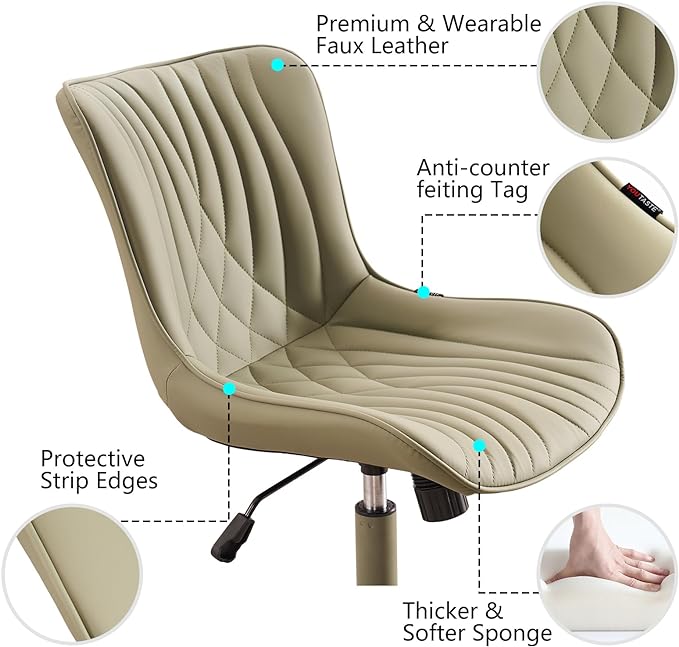 YOUTASTE Deep Green Office Chair Modern Armless Desk Chair with Wheels Adjustable Swivel Rocking Rolling Computer Study Chairs Faux Leather Sewing Chairs with Back Stylish Vanity Chair - LeafyLoom