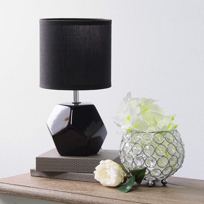 Simple Designs LT2065-BLK Round Prism Mini Table Lamp with Matching Fabric Shade, Black - LeafyLoom