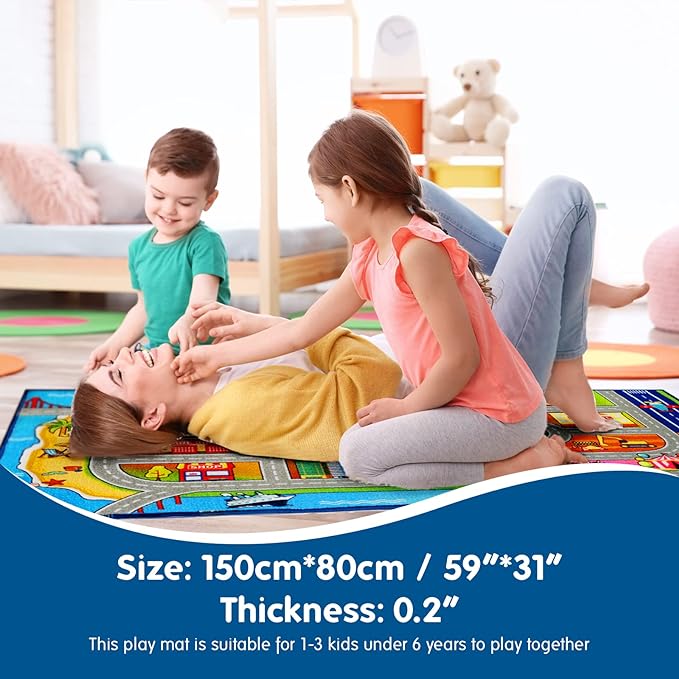 Booooom Jackson Kids Car Rug Play Mat 60x32 inches,Car Mat for Kids Toy Cars,Car Rug,Non Slip Kids Rug for Bedroom Boys Playroom,Kids Play Rug for Cars Trucks,Fun Area Rug,Around City Town Play Carpet - LeafyLoom