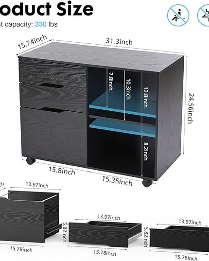 Sweetcrispy 3-Drawer File Cabinet, Lateral Mobile Filing Cabinet Wood Storage Organizer with Wheels, Printer Stand & Open Shelves for Home Office Under Desk Organization - Black - LeafyLoom